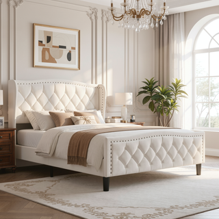 Sunvega Modern Upholstered Queen Size Platform Bed with Wingback Headboard and Wood Slat Support