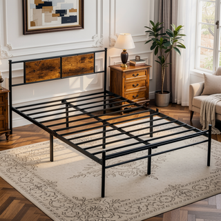 Sunvega Twin Size Metal Bed Frame with Wood Panel Headboard and Under Storage