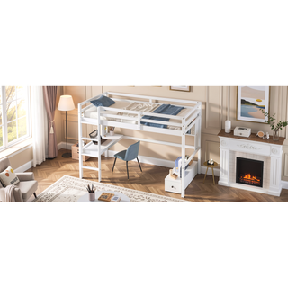 Sunvega Twin Size Loft Bed with Desk, Shelves, Safety Guardrail and Ladder in White