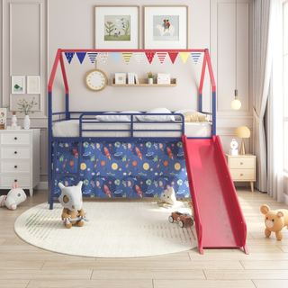 Sunvega Marvel Superhero Metal Twin Loft Bed with Slide and Curtain Set