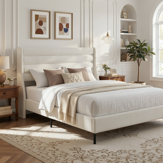 Sunvega Upholstered Queen Size Bed Frame with Wave - Shaped Headboard Premium Chenille Fabric