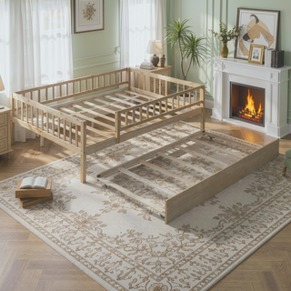Sunvega Natural Twin Size Wood Daybed with Trundle and Fence Guardrails