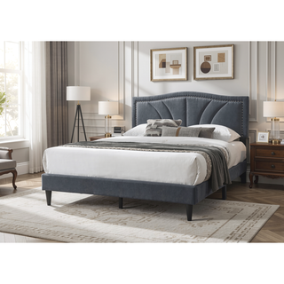 Sunvega Modern Charcoal Burlap Upholstered Headboard with Nailhead Trim