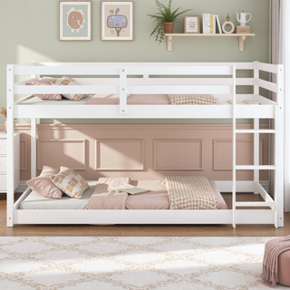 Sunvega Twin over Twin Floor Low Bunk Bed with Ladder for Kids Bedroom