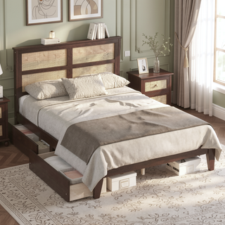 Sunvega Full Size Bed with Rattan Headboard Two Storage Drawers and Enhanced Support Slats