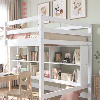 Sunvega Twin Size Loft Bed with Desk, Shelves, Safety Guardrail and Ladder in White