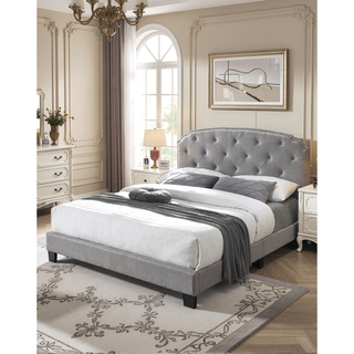 Sunvega Light Gray Burlap Button Tufted Headboard Full Size Bed with Nailhead Trim