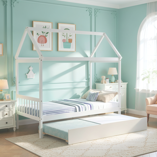 Sunvega Twin House Bed Frame with Trundle and Roof Made of Solid Pinewood