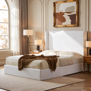 Sunvega Minimalist Upholstered Wingback Bed Frame with 54 Inch Headboard in Textured Ivory Canvas Chenille