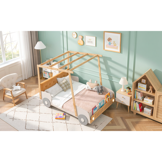 Sunvega Full Size Car Bed with LED Lights, Pillow, and Sturdy Wood Frame for Kids