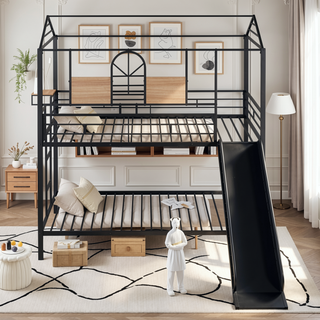 Sunvega Twin Over Twin Metal Bunk Bed With Slide And Playhouse Design For Bedroom