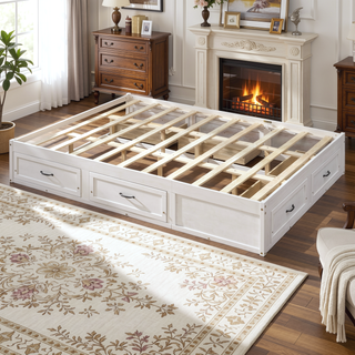 Sunvega Antique Natural Queen Size Platform Bed with 6 Spacious Storage Drawers
