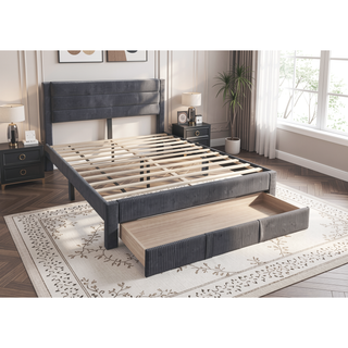 Sunvega Queen Size Bed with Storage Drawer and Charcoal Corduroy Headboard