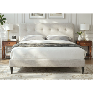 Sunvega Queen Upholstered Pleated Bed in a Box with Sturdy Dark Brown Frame