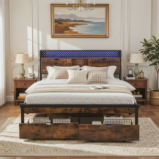 Sunvega Full Size Metal Platform Bed Frame with Wooden Headboard and Footboard
