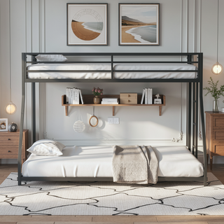 Sunvega Contemporary Twin Over Full Low Bunk Bed with Reversible Ladder in Matte Black