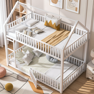 Sunvega Sturdy Metal Twin over Twin House Bunk Bed with Fence and Door