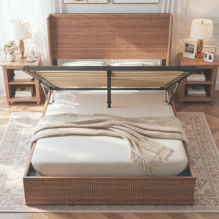 Sunvega Queen Wood Platform Bed Frame with Lift Storage and Chic Headboard