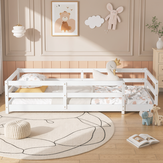 Sunvega Full Size Floor Bed with Fence for Kids Made of Sturdy Pine Wood