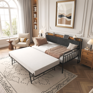 Sunvega Twin Daybed with Trundle Farmhouse Frame Sliding Barn Door Headboard Charging Station