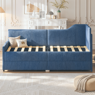 Sunvega L-Shaped Semi-Enclosed Upholstered Corduroy Daybed Frame with 2 Storage Drawers