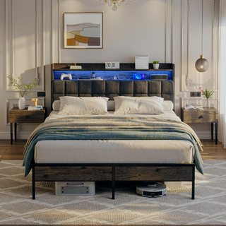 Sunvega Queen Bed Frame with Ergonomic Headboard RGB LED Lights and Charging Station