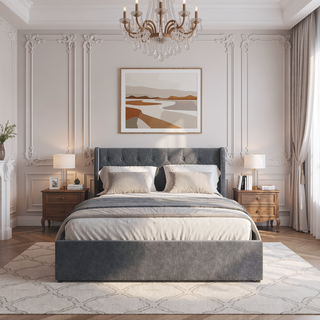 Sunvega Dark Grey Full Size Bed Frame with 4 Storage Drawers and Wingback Headboard