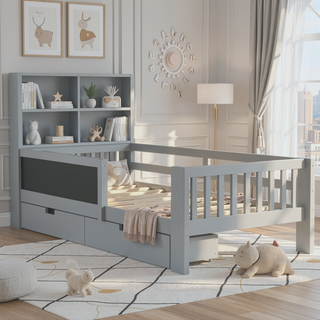 Sunvega Twin Solid Wood Platform Bed with Chalkboard Headboard and Storage Drawers