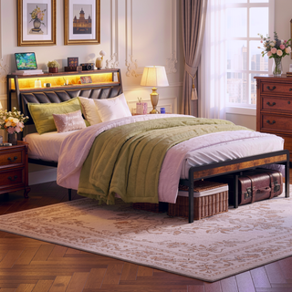 Sunvega Queen Bed Frame with Tilted RGB LED Headboard and Charging Station