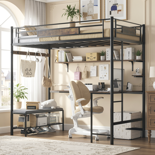 Sunvega Twin Size Loft Bed Frame with Storage Desk and Power Outlet