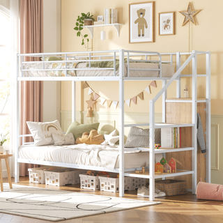 Sunvega Twin Over Twin Metal Bunk Bed with Lateral Ladder and Wardrobe in White