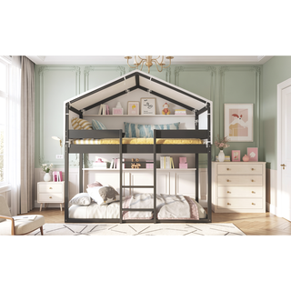 Sunvega Twin Over Twin Wood Bunk Bed with Playhouse Tent for Kids Room
