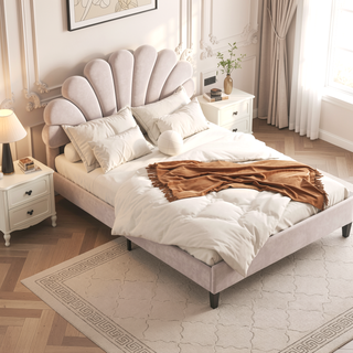 Sunvega Queen Size Upholstered Platform Bed with Flower Pattern Velvet Headboard