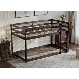 Sunvega Twin over Twin Floor Bunk Bed with Ladder and Strengthened Slats in Espresso
