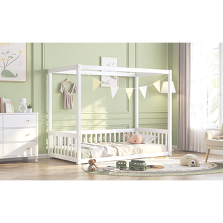 Sunvega Twin Size Canopy Frame Floor Bed with Guardrails and Natural Wood