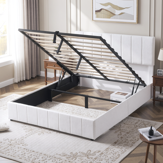 Sunvega Upholstered Platform Bed with Hydraulic Storage System in White Linen