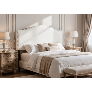 Sunvega Upholstered Queen Size Headboard with White Leather Look and Silver Trim