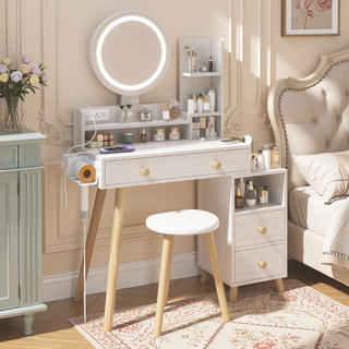 Sunvega Round LED Mirror Vanity Table Set with Cushioned Stool Touch Control 3-Color Lights