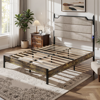 Sunvega Queen Size Bed Frame with Upholstered Headboard and Charging Station