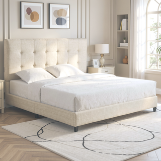 Sunvega Dynasty Beige King Size Tufted Upholstered Platform Bed with CertiPUR-US Foam