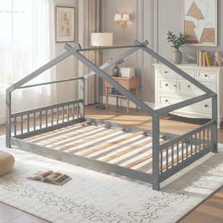 Sunvega Full Size Playhouse Wood Bed with Roof for Kids Room Fun Sleeping Space