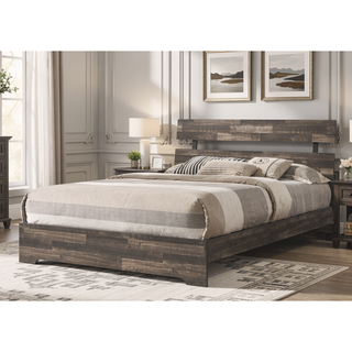 Sunvega Rustic Queen Platform Bed Slat Headboard with Brown Finish Wood Veneers