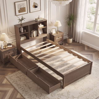 Sunvega Modern Twin Size Bed Frame With USB Port Bookcase Headboard and 2 Drawers