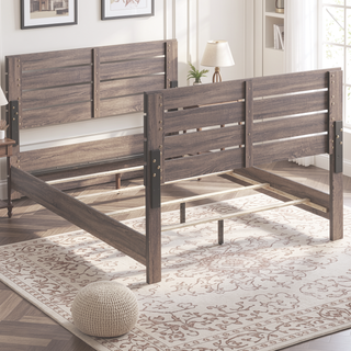 Sunvega Barrel Oak Slatted Headboard Queen Panel Bed with Matching Footboard