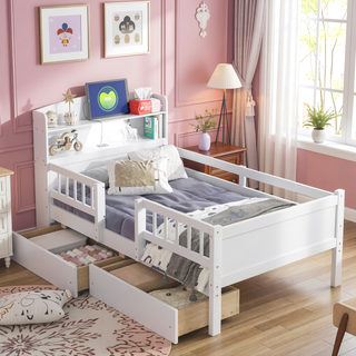 Sunvega White Twin Size Wood Platform Bed with LED Light Headboard and 2 Drawers