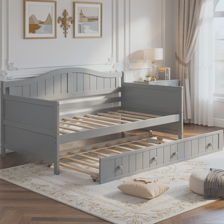 Sunvega Twin Wooden Daybed with Trundle Sofa Bed for Bedroom Living Room Gray