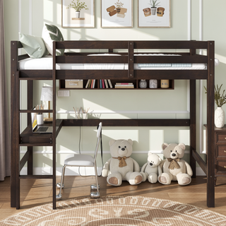 Sunvega Twin High Loft Bed with Built-in Desk and Ladder in Espresso Rubber Wood