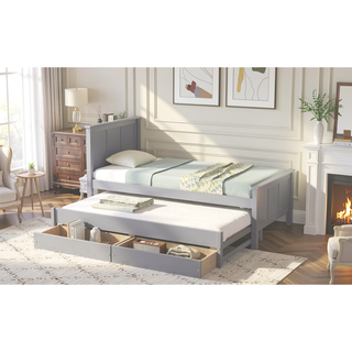 Sunvega Twin Size White Platform Bed with Trundle and Two Drawers for Storage