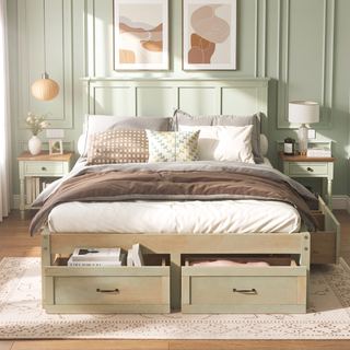 Sunvega Antique Natural Queen Size Platform Bed with 6 Spacious Storage Drawers