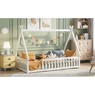 Sunvega Twin Tent Teepee Bed with Guardrails Slats and Door in Grey
